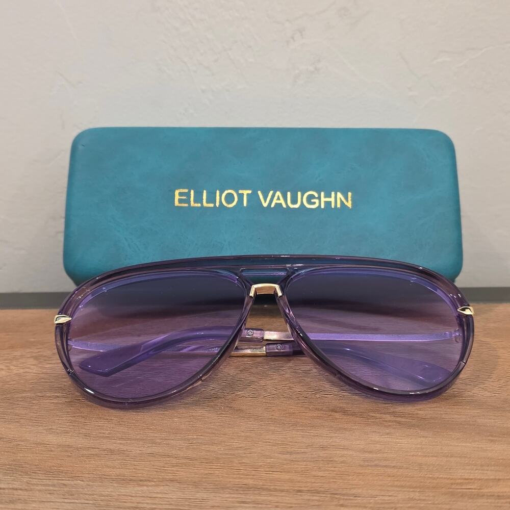 Elliot Vaughn Veyra Aviator Sunglasses Purple Gradient Gold Tone Frame Case